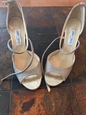 JIMMY CHOO Gold LEATHER STRAPPY CRYSTAL DETAIL SANDAL PUMPS